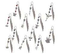 DELORIGIN 12pcs Feather Bookmarks, Metal Crystal Bookmarks Vintage Gemstone Beading Bookmarks Alloy Angel Book Markers for Reading Book Lovers Teacher's Day Delicate Gifts