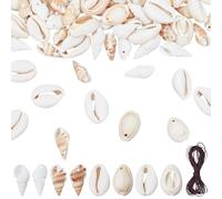 DELORIGIN 140PCS Seashell Beads for Crafts Jewellery Making 4 Styles Bulk Ocean Beach Themed Sea Shells Charms with Holes and Nylon Thread Perfect for DIY Crafting Bracelets Necklace Braids