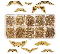 DELORIGIN 190Pcs Angel Wing Space Beads 10 Styles Tibetan Alloy Fairy Wing Charm Antique Golden Loose Handmade Beads for DIY Bracelet Necklace Earring Jewelry Making Craft Supplies