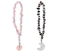 DELORIGIN 2 Pcs Car Hanging Ornaments Natural Rose Quartz Car Pendant Charms with Heart Moon Bead Obsidian Quartz Crystal Suncatcher Rearview Mirror Hanging Ornament for Car Window Home Decor