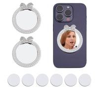 DELORIGIN 2 Pcs Mirror Decal Phone Back Adhesive Mirror Charm Sticker Round Make up Mirror with Pearl Rhinestones Bowknot for Phone Case Back Accessories Mobile Phone Stick-On Mirror Charms Silver