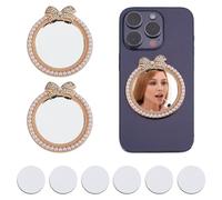 DELORIGIN 2 Pcs Mirror Decal Phone Back Adhesive Mirror Charm Sticker Round Make up Mirror with Pearl Rhinestones Bowknot for Phone Case Back Accessories Mobile Phone Stick-On Mirror Charms Gold
