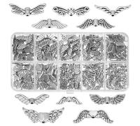 DELORIGIN 200PCS Angel Wings Charms Beads Bulk 10 Styles Silver Tibetan Fairy Wing Jewellery Charms Set Metal Loose Spacer Beads for Jewellery Making DIY Craft