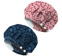DELORIGIN 2PC Brain Funny Scrub Caps Various Microorganisms Nursing Doctor Surgeon Working Caps with 4 Button Sweatband Cotton Adjustable Unisex Elastic Surgical Hats for Nurse Cooking Housework
