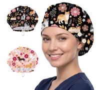 DELORIGIN 2PC Cartoon Dogs Cats Scrub Caps Flowers Plants Elastic Nursing Doctor Surgeon Working Caps With 4 Button and Sweatband Cotton Adjustable Unisex Surgical Hats for Nurse Cooking Housework