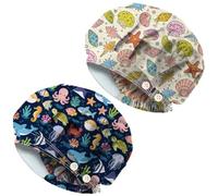 DELORIGIN 2PC Cartoon Marine Life Scrub Caps Cute Ocean Seashell Elastic Nursing Doctor Surgeon Theatre Hats With 4 Button Sweatband Cotton Adjustable Unisex Surgical Hats for Nurse Cooking Housework