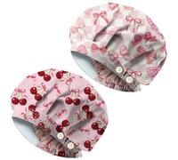 DELORIGIN 2PC Pink Bow Plaid Bouffant Scrub Caps Bow Cherry Elastic Nursing Doctor Surgeon Working Caps With 4 Button and Sweatband Cotton Breathable Unisex Surgical Hats for Nurse Cooking Housework
