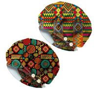 DELORIGIN 2pcs African Traditional Patterns Bouffant Scrub Caps Cotton Nurse Scrub Hats With Button and Sweatband Adjustable Surgical Caps for Women Men Cooking Housework Head Cover One Size Fits All