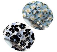 DELORIGIN 2PCS Black White Floral Bouffant Scrub Caps Cotton Nurse Caps with 4 Buttons and Sweatband Adjustable Surgical Hats for Women Men Working Housewives Chef Beauty Salon Vet One Size Fits All
