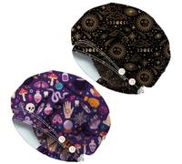 DELORIGIN 2pcs Divination of the Sun Moon Bouffant Scrub Caps Cotton Nurse Theatre Hat With Button and Sweatband Adjustable Surgical Caps for Women Men Cooking Housework Head Cover One Size Fits All