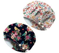 DELORIGIN 2pcs Floral Birds Bouffant Scrub Caps Cotton Vintage Nurse Scrub Hat With Button and Sweatband Adjustable Surgical Working Caps for Women Men Cooking Housework One Size Fits All