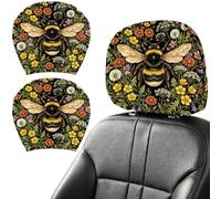 DELORIGIN 2PCS Flowers Bees Car Headrest Cover Elastic Car Seat Headrest Protector Universal Washable Auto Head Rest Pillow Cover for Suv Sedan Van Truck Women Men Vehicle Interior Accessories Gift