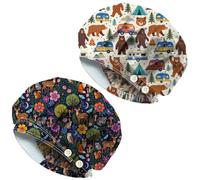 DELORIGIN 2pcs Forest Animals Bouffant Scrub Caps Campervans Cotton Nurse Scrub Hats with Button and Sweatband Adjustable Surgical Caps for Women Men Cooking Housework Head Cover One Size Fits All