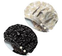 DELORIGIN 2pcs Golden Linear Roses Bouffant Scrub Caps Cotton Black Rose Nurse Doctor Theatre Hats With Button and Sweatband Adjustable Surgical Caps for Women Men Cooking Housework One Size Fits All