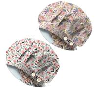 DELORIGIN 2Pcs Hand-Painted Roses Scrub Cap Pink Floral Adjustable Unisex Working Hats with Button and Sweatband Cotton Bouffant Nurse Surgical Caps for Nurse Cooking Housework Dentist Beauty Salon