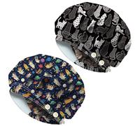 DELORIGIN 2pcs Space Cat Planets Bouffant Scrub Cap Black and White Cat Cotton Nurse Scrub Hat With Button Sweatband Adjustable Theatre Hats for Women Men Cooking Housework One Size Fit All