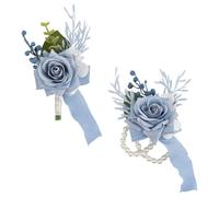 DELORIGIN 2Pcs Wrist Corsage and Boutonniere Set for Wedding Prom 2 Styles Blue Rose Boutonniere Wrist Corsage Bracelets With Pearl Wristlet Band for Men Bride Bridesmaid Mother Party Decorations