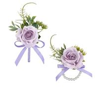 DELORIGIN 2Pcs Wrist Corsage and Boutonniere Set for Wedding Prom 2 Styles Purple Rose Boutonniere Wrist Corsage Bracelets With Pearl Wristlet Band for Men Bride Bridesmaid Mother Party Decorations