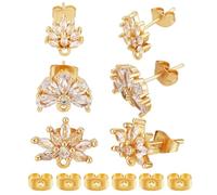 DELORIGIN 3 Pairs Brass Cubic Zirconia Post Stud Flower Earring Posts Findings with Loop Blank Earring Stud Hook with Ear Nuts Findings for DIY Crafts Women Dangle Earring Jewelry Making