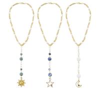 DELORIGIN 3Pcs Sun Car Hanging Ornament Natural Gemstone Rear View Mirror Beaded Pendant Alloy Moon Stars Car Charm Sun Catcher Accessories Decors for Car Interior Window Home Door Frame Balcony