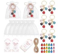 DELORIGIN 40 Sets Seven-spotted Ladybug Keychain Party Favors Set Key Ring with Kraft Thank You Tags Organza Bag Alloy Charms Keyring Gift for Wedding Bridal Guests Birthday Souvenirs