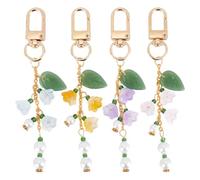 DELORIGIN 4Colors Lily of the Valley Keychains, Glass Charm Keychains with Alloy Swivel Clasps, 4pcs Flower Bag Chain Floral Leaf Keyrings for Home Bag Keychain Camera Decor Valentine's Day