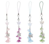DELORIGIN 4Colors Lily of the Valley Phone Charms, 4pcs Cute Butterfly Bag Charm Beaded Phone Strap Wrist Lanyard Flower Acrylic Mobilephone Accessories For Phone Bag Keychain Car Camera Decor
