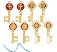 DELORIGIN 4Pcs Gold Key Wall Cross Metal Medalla de San Benito Key Wall Pendant, Keys Blessing Shiny Coat Medal, Medals Key Statues for Home Protection Wall Decor on Door House Blessing