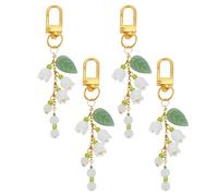 DELORIGIN 4pcs Lily of the Valley Keychains, Glass Charm Keychains with Swivel Clasps Flower Bag Purse Charms Floral Leaf Keyrings for Spring Summer Home Car Keys Women Handbag Decoration