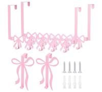 DELORIGIN 4pcs Pink Bow Over The Door Hooks Iron Bowknot Towel Holder Door Rack Over Hanger with 5 Hooks Hanging Towel Coat Keys Bags Clothes for Women Bedroom Bathroom Dorm Room Organizer