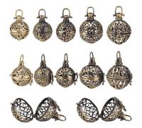 DELORIGIN 5 Styles Brass Locket Charms, 10pcs Round Cage Pendants, Antique Bronze Chime Ball Pendants Openable Incense Charm Vintage Hollow Empty Pendants for Necklace Jewelry Keychain Supplies Craft