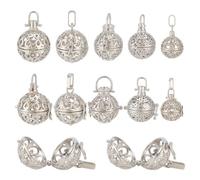 DELORIGIN 5 Styles Brass Locket Charms 10pcs Round Cage Pendants Silver Chime Ball Charm Openable Incense Charm Vintage Hollow Empty Pendant without Chain for Necklace Jewelry Keychain Supplies Craft