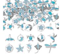DELORIGIN 60PCS Blue Animals Charms for Jewelry Making, 10 Styles Alloy Enamel Bracelet Charms Assorted Ocean Dolphin Turtle Fish Tail Hummingbird Metal Animal Jewellery for Necklace Keychain Crafts