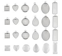 DELORIGIN 60pcs Stainless Steel Bezel Pendant Bases Trays Cabochon Settings Trays 6 Styles Jewelry Blanks with Pinch Clip Clasp Clear Glass Cabochons for DIY Jewelry Making Crafts