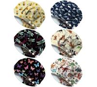 DELORIGIN 6PCS Animals Insects Scrub Cap Set with 4 Buttons and Cotton Sweatband Adjustable Surgical Caps Working Hats for Women Men Nurse Doctor Dentist Beauty Salon Housewife Gift One Size Fits All