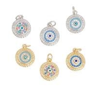 DELORIGIN 6PCS Brass Micro Pave Cubic Zirconia Pendant Turkish Evil Eye Bead Charm Blue lucky Flat Round Pendants for Necklace Earrings Bracelet Jewelry Making Gift