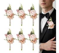 DELORIGIN 6pcs Flower Wedding Boutonniere Rose Pocket Corsage for Men with 6 Plastic Sleeve, Handmade Boutonniere Men Corsage for Wedding Groom Groomsmen Anniversary Ceremony Party Prom Dinner