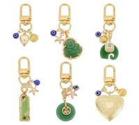 DELORIGIN 6PCS Green Imitated Jade and Evil Eye Keychains Handcrafted Gold Lucky Bag Charms with Heart Starfish Shell Charms Jewelry Keyring for Keys Bags Cars Women Men Gifts