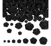 DELORIGIN 70pcs Rose Flower Beads Black 8-27mm Flatback Carve Charms 3D Embellishments Floral Cameos Spacer Bead for Phone Case DIY Jewelry Making Nails Sunglasses Art Hair Clip Craft Decor