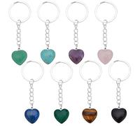 DELORIGIN 8pcs Heart Gemstone Keychains, Quartz Crystal Heart Love Stone Keychains Natural Crystal Keyrings Tumbled Stone Charms for Women Men Craft Gifts Backpacks Earphone Party Favors