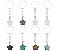 DELORIGIN 8pcs Star Crystal Keychain Pendants, 8 Chakra Keyrings Natural Stone Keychains Crystal Gemstone Keyrings Tumbled Stone Keychains for Women Men Gifts Car Key Bag Decoration Earphone