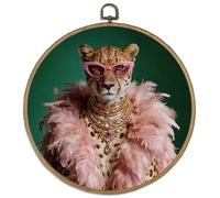 DELORIGIN Anthropomorphic Leopard Dressed in Pink Framed Wall Art Decor 10" Round Canvas Wall Art with Vintage Hooks Hanging Artwork Prints for Living Room Bathroom Hallway Stairs Porch Decoration