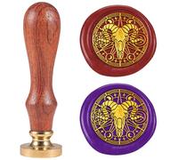 DELORIGIN Astrology Ram Skull Wax Seal Stamp 0.98" Brass Seal Head with Wooden Handle Vintage Embossed Letter Sealing Wax Stamp for Invitations Party Envelope Festival Gift Packag Decorate