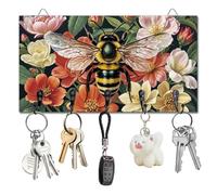 DELORIGIN Bee Flowers Key Holder Key Hooks Wall Mounted Wooden Key Racks with 5 Hooks Key Storage Organizer House Key Hanger for Wall Decor Door Entryway Hallway Kitchen New Home Gift