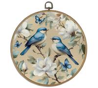 DELORIGIN Birds and Magnolia Framed Canvas Wall Art Decor 10" Vintage Round Wall Art Prints with Metal Hooks Home Hanging Pictures Elegant Artwork for Living Room Bedroom Hallway Stairs Decor