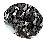 DELORIGIN Black and White Cat Bouffant Scrub Cap Adjustable Working Theatre Hats Cotton Nursing Doctor Surgeon Hats With Button Sweatband Unisex Elastic Bandage Hats for Women Men One Size Fit All