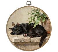 DELORIGIN Black Cat Sleeping by Potted Plant Wall Art Decor 10" Round Framed Canvas Wall Art Prints with Metal Hook Artwork Hanging Framed Pictures for Hallway Stairs Bedroom Living Room Vintage Decor