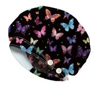 DELORIGIN Black Colorful Butterfly Bouffant Scrub Caps Cotton Nurse Scrub Hats With Button and Sweatband Adjustable Surgical Working Caps for Nursing Cooking Housework Head Cover One Size Fits All