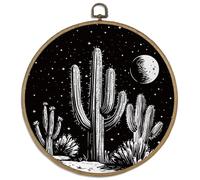 DELORIGIN Black Desert Cactus Framed Canvas Wall Art Decor 10" Vintage Round Wall Art Prints with Metal Hooks Home Hanging Pictures Artwork for Living Room Bedroom Hallway Stairs Decor