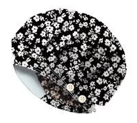 DELORIGIN Black Florals Bouffant Scrub Caps Cotton Flowers Nurse Scrub Hats With Button and Sweatband Adjustable Surgical Working Caps for Nursing Cooking Housework Head Cover One Size Fits All